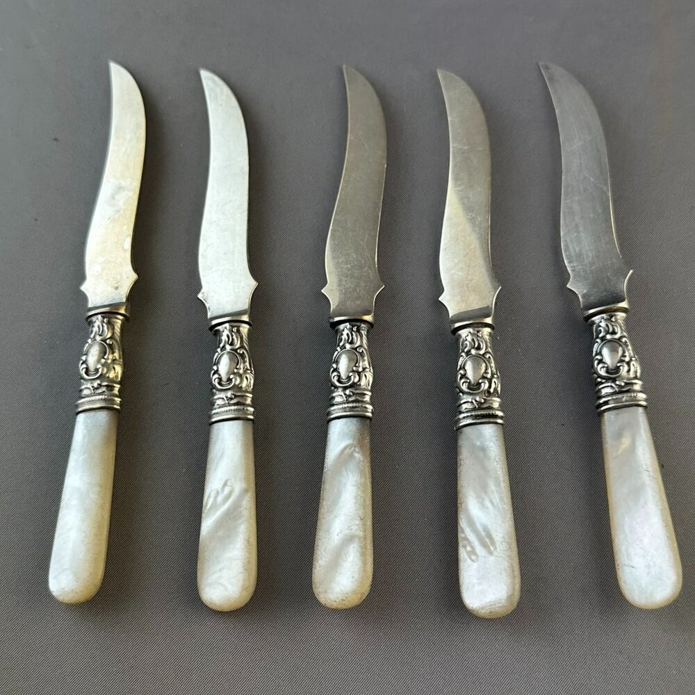 🍐 Vintage Wm. A. Rogers Fruit Knives – Set of 5 with Sterling Silver Bands